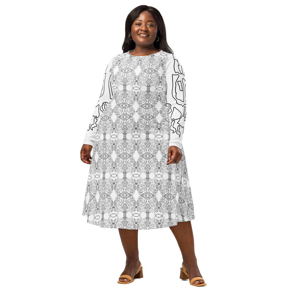 Front view of APPARELHUE all-over print long-sleeve midi dress in white with black line art on the sleeves.