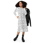Stylish white graphic print midi dress with long sleeves, featured in the APPARELHUE collection.