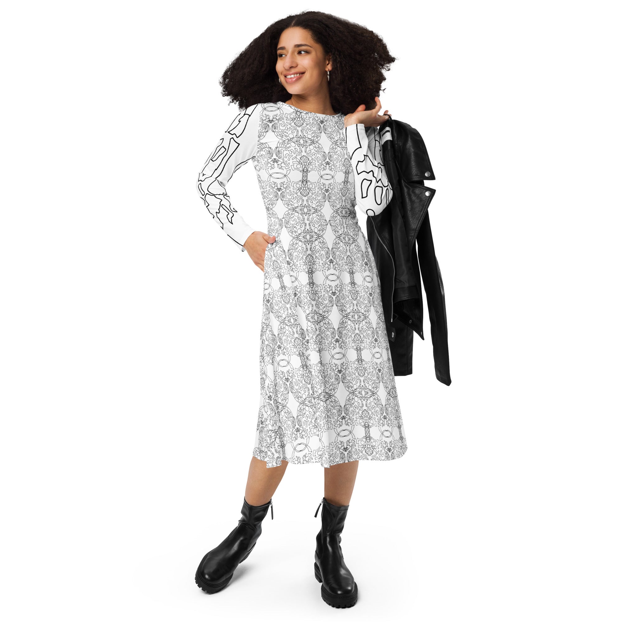 Stylish white graphic print midi dress with long sleeves, featured in the APPARELHUE collection.
