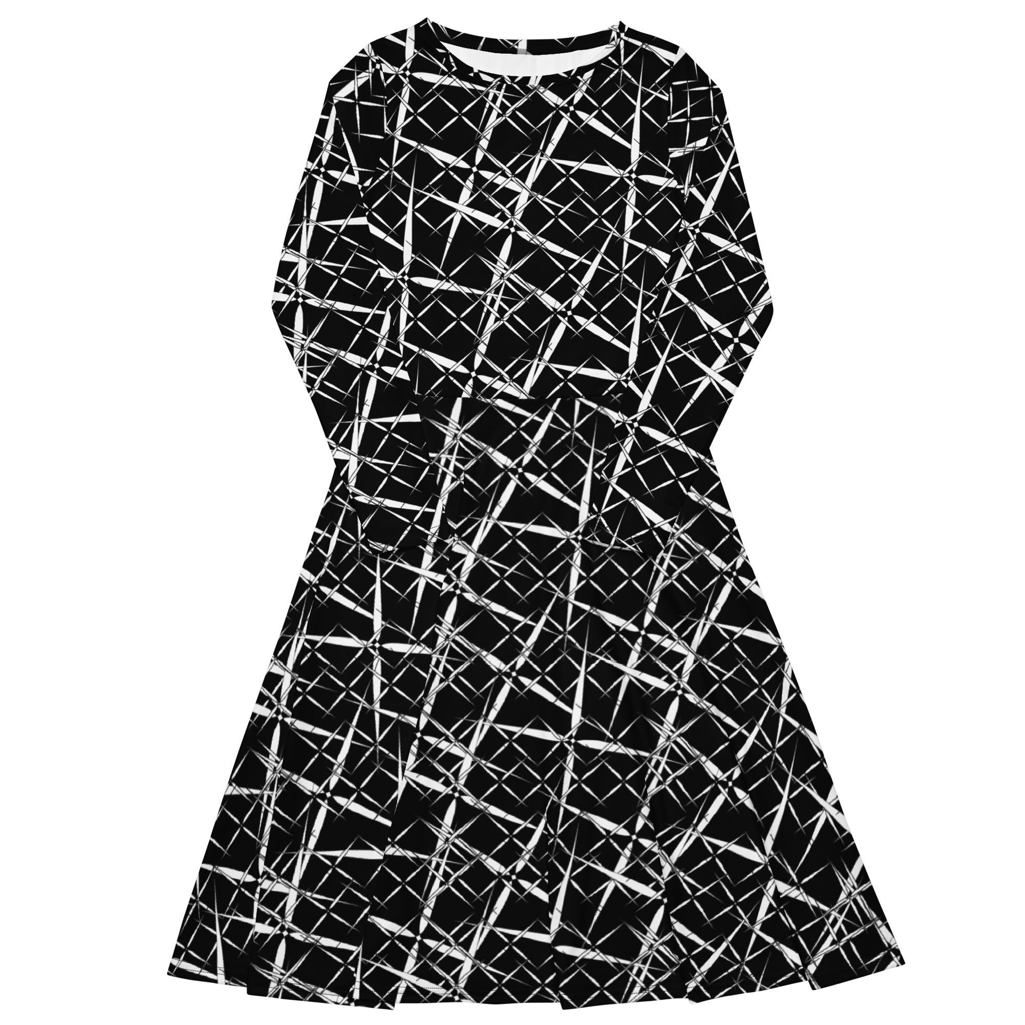 Fitted black and white long-sleeve midi dress from APPARELHUE showcasing a dynamic linear pattern.