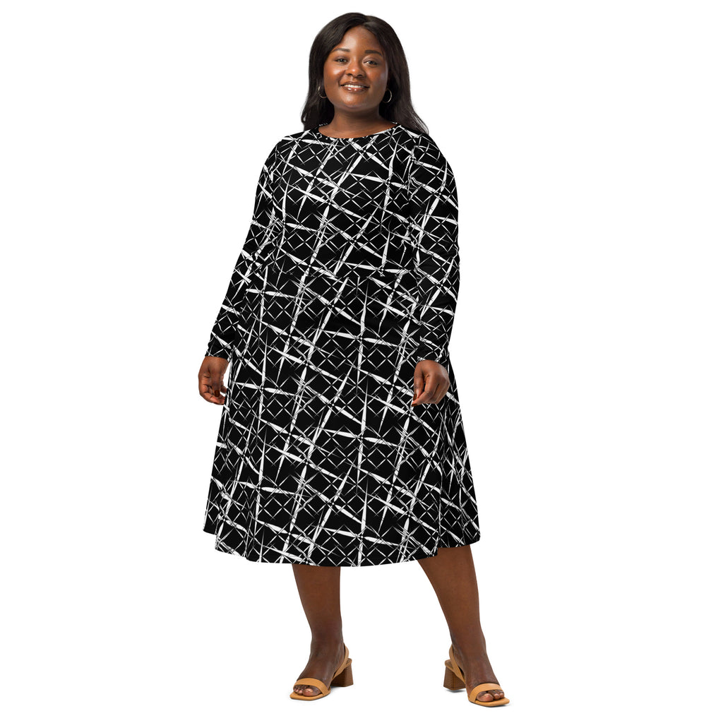 Front view of APPARELHUE long-sleeved midi dress featuring a bold monochrome abstract line pattern.