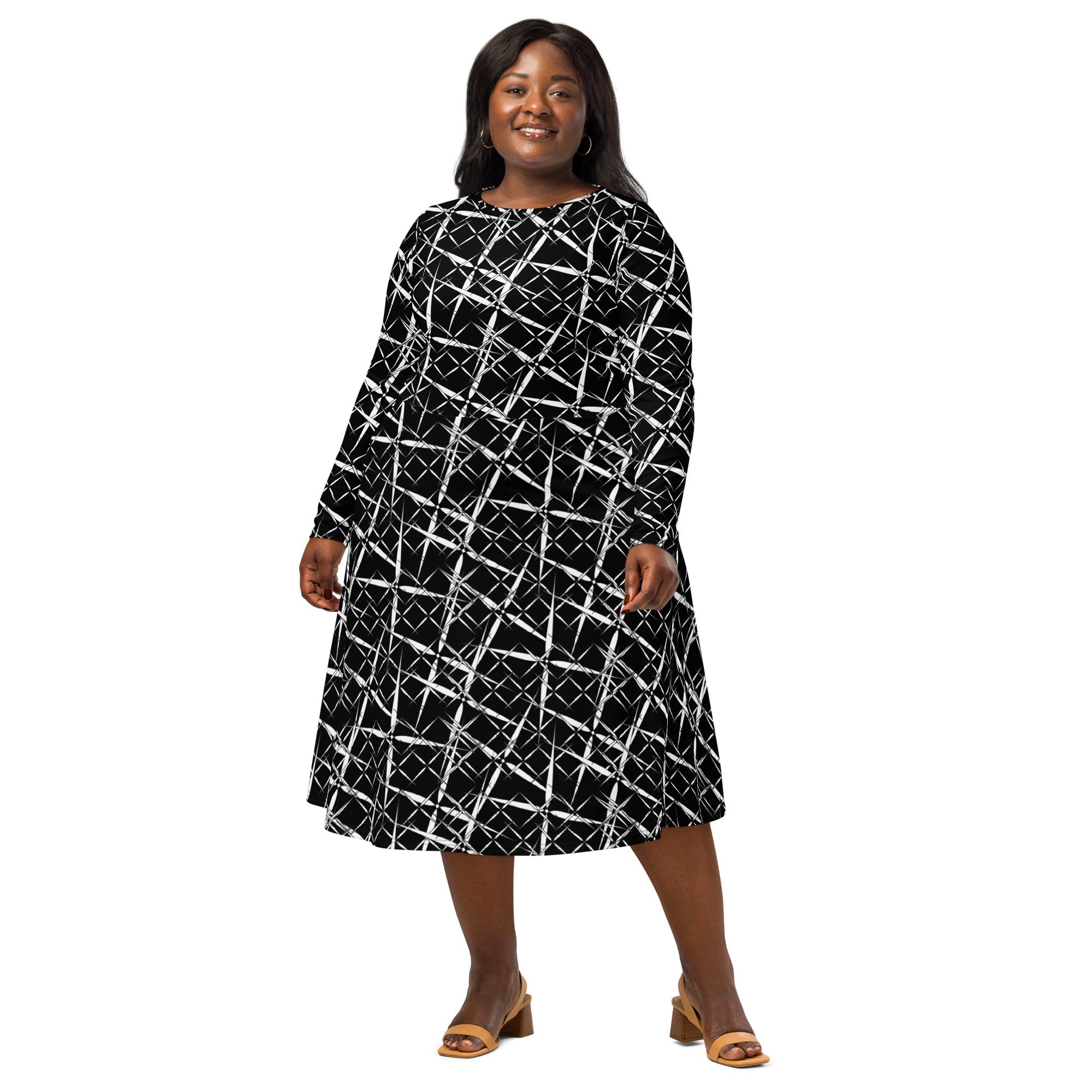 Front view of APPARELHUE long-sleeved midi dress featuring a bold monochrome abstract line pattern.