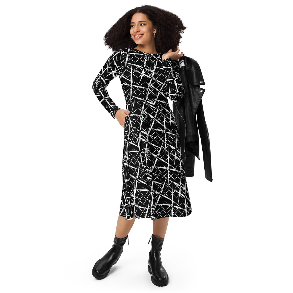 Elegant crew neck long-sleeve midi dress in black and white abstract print by APPARELHUE.