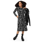 Elegant crew neck long-sleeve midi dress in black and white abstract print by APPARELHUE.