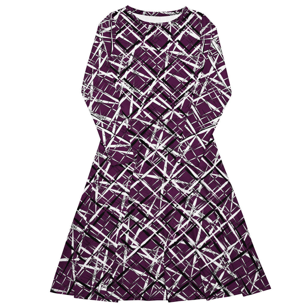 Stylish purple graphic print midi dress with long sleeves, featured in the APPARELHUE collection.