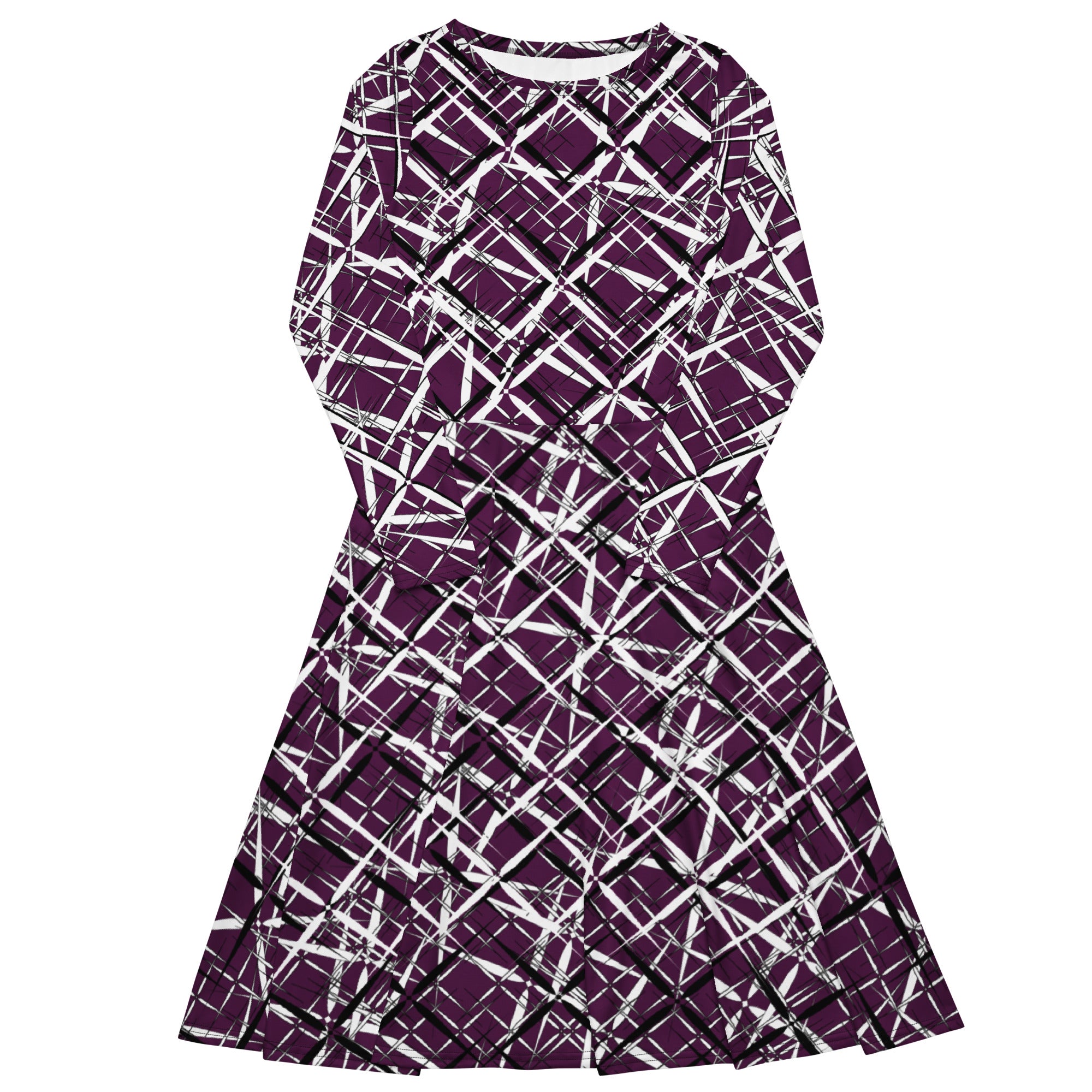 Stylish purple graphic print midi dress with long sleeves, featured in the APPARELHUE collection.