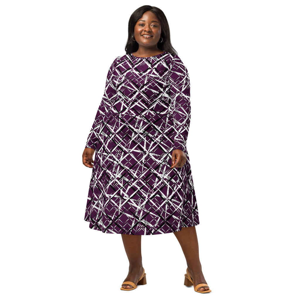 Front view of APPARELHUE long-sleeved midi dress featuring a bold deep purple abstract line pattern.