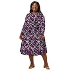 Front view of APPARELHUE long-sleeved midi dress featuring a bold deep purple abstract line pattern.