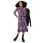 Elegant crew neck long-sleeve midi dress in a rich purple and white abstract print by APPARELHUE.