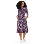 APPARELHUE artistic fashion dress with an eye-catching purple, black, and white linear graphic print on sleek fabric.