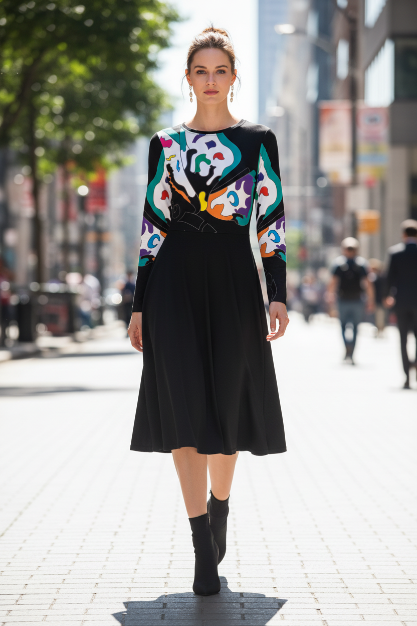 A woman walks down a sunlit city street wearing a black midi dress with a colorful abstract print on the bodice and sleeves, paired with black ankle boots.