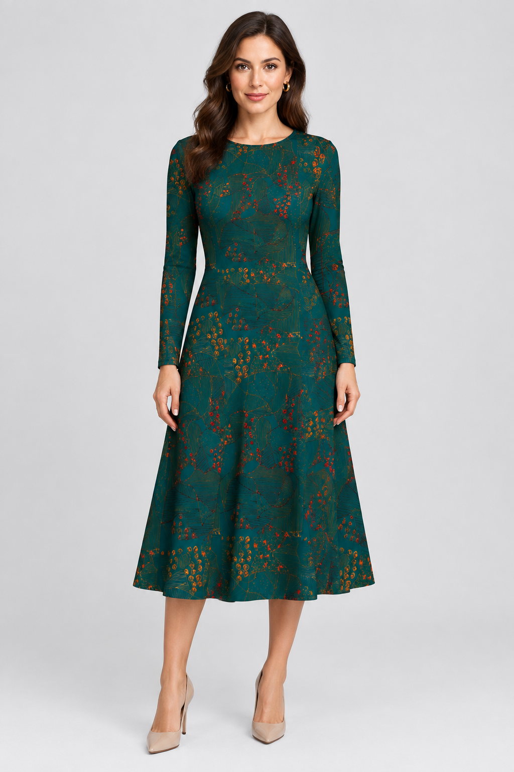 Teal green wearable art midi dress featuring original artwork