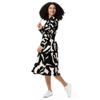 Black Printed Dress Popular All-Over Print Long Sleeve Midi Dress - Apparelhue