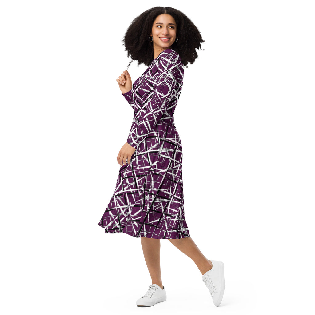 APPARELHUE wearable art fashion: purple A-line midi dress with intricate white criss-cross graphic design.