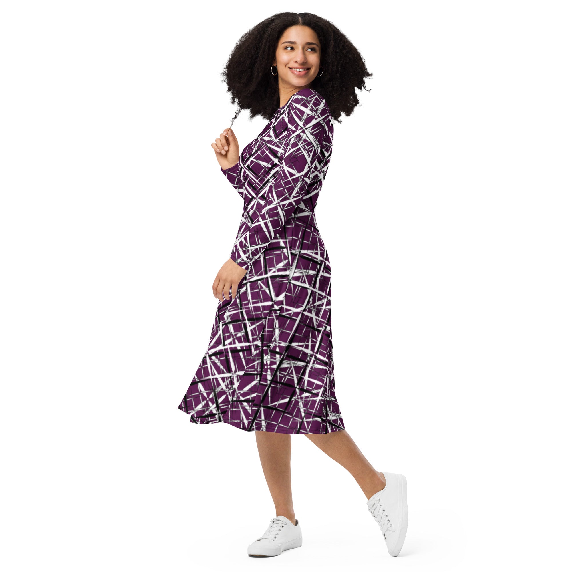 APPARELHUE wearable art fashion: purple A-line midi dress with intricate white criss-cross graphic design.