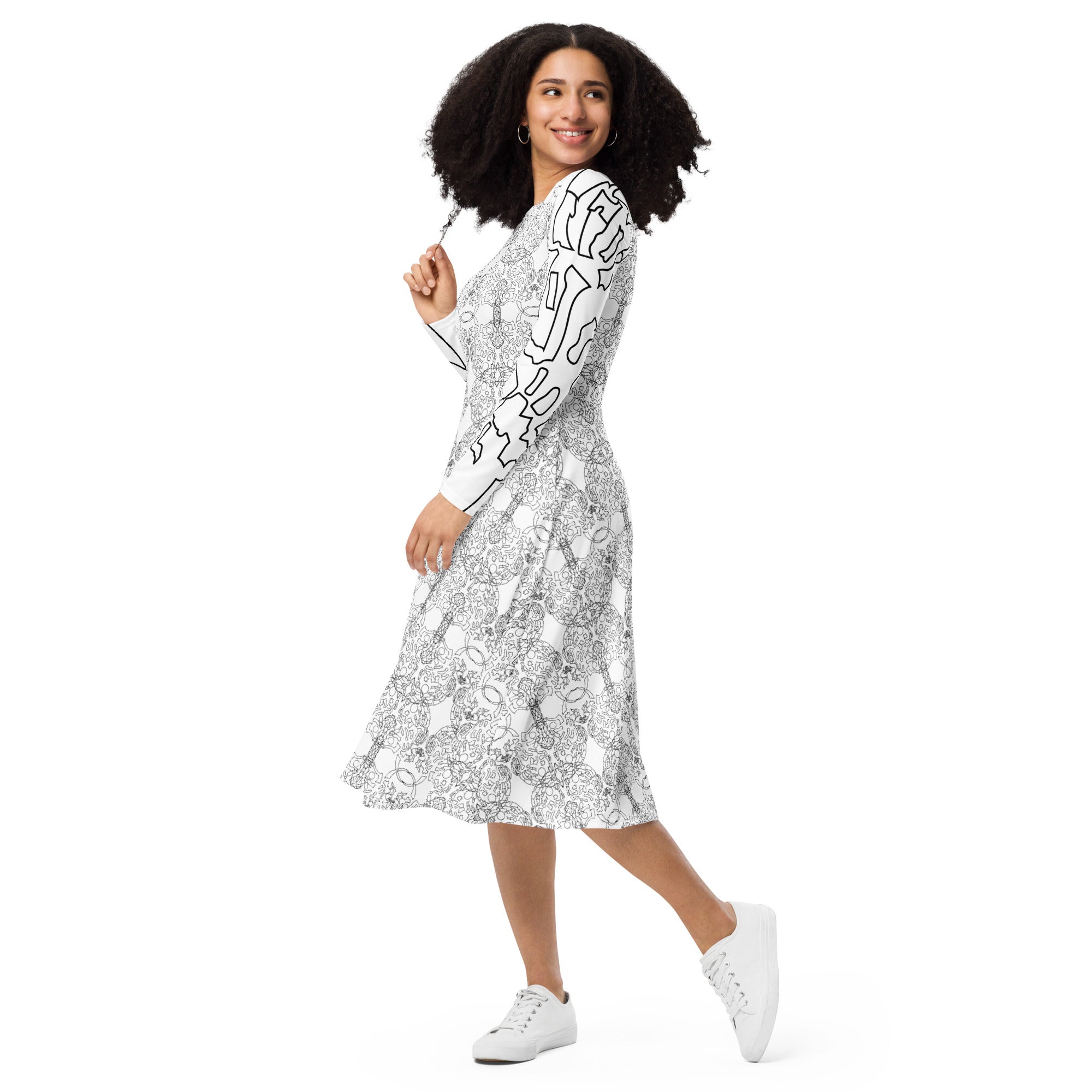 APPARELHUE statement streetwear: white long-sleeve midi dress with detailed monotone graphic prints.