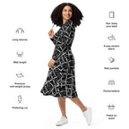 Stylish monochrome graphic print midi dress with long sleeves, featured in the APPARELHUE collection.