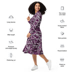 Woman modelling an APPARELHUE purple graphic print midi dress paired with black strappy heeled sandals.
