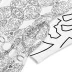 APPARELHUE long-sleeve midi dress in white, showcasing a detailed abstract grey pattern and contrast graphic sleeves.
