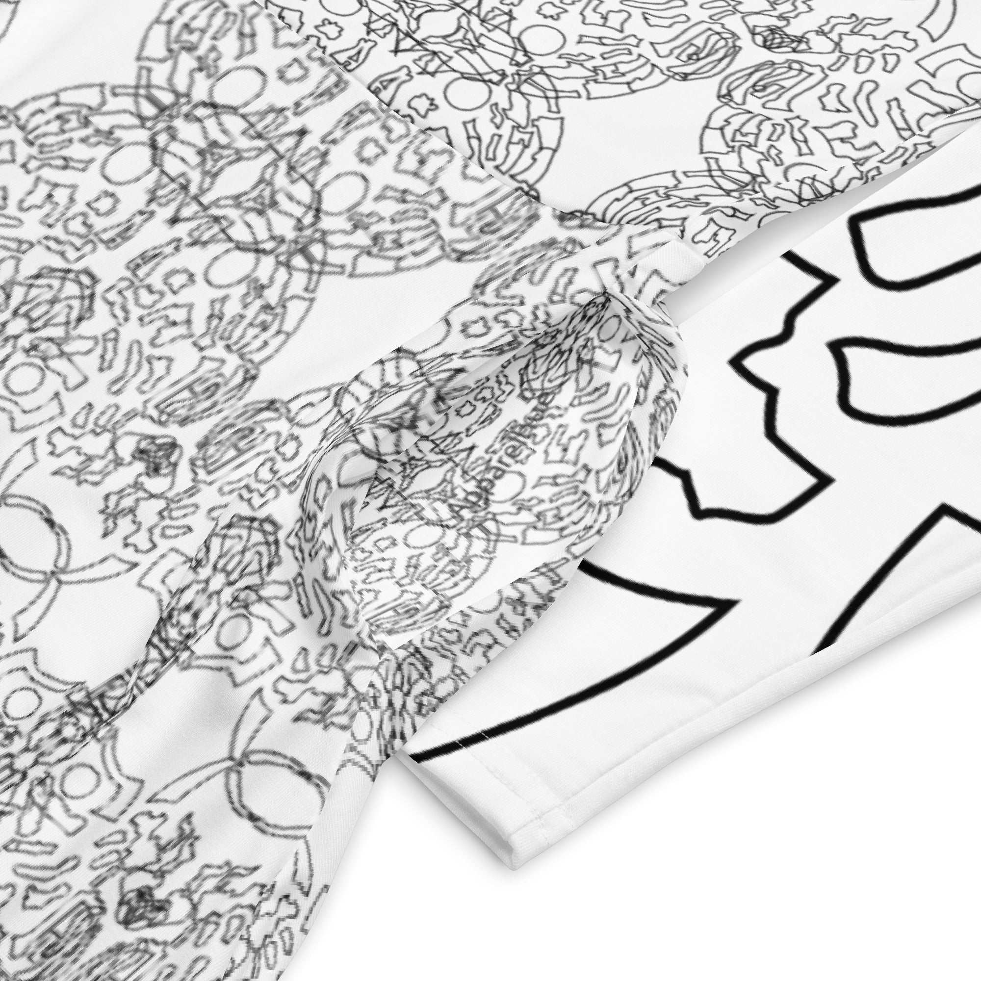 APPARELHUE long-sleeve midi dress in white, showcasing a detailed abstract grey pattern and contrast graphic sleeves.