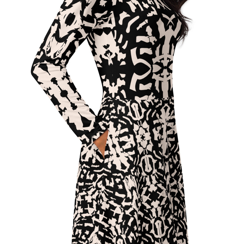 geometric print dress walking pose