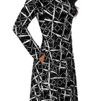 APPARELHUE long-sleeve midi dress in black, showcasing a unique contrast white geometric cross-hatch pattern.