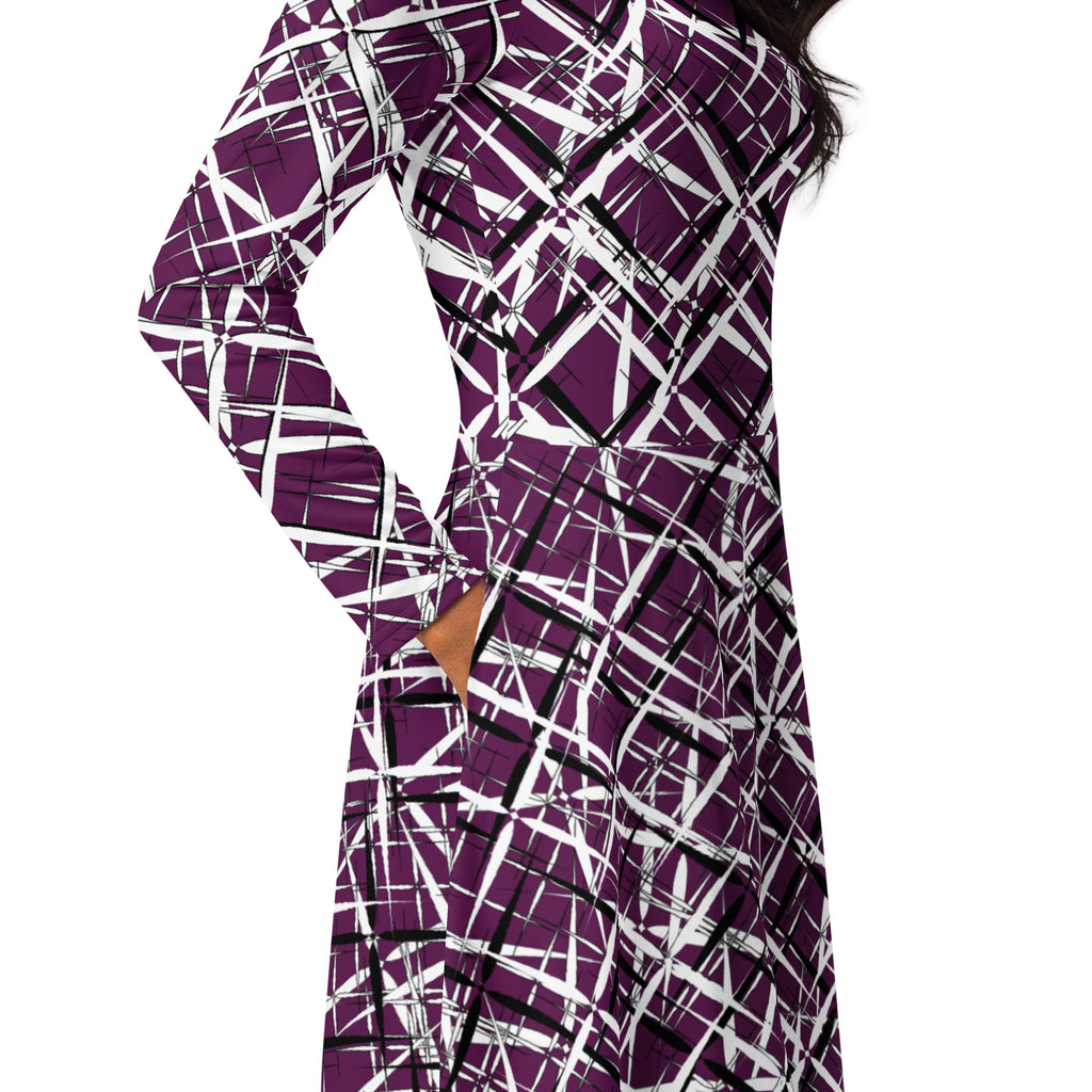 APPARELHUE long-sleeve midi dress in dark purple, showcasing a unique contrast white geometric cross-hatch pattern.