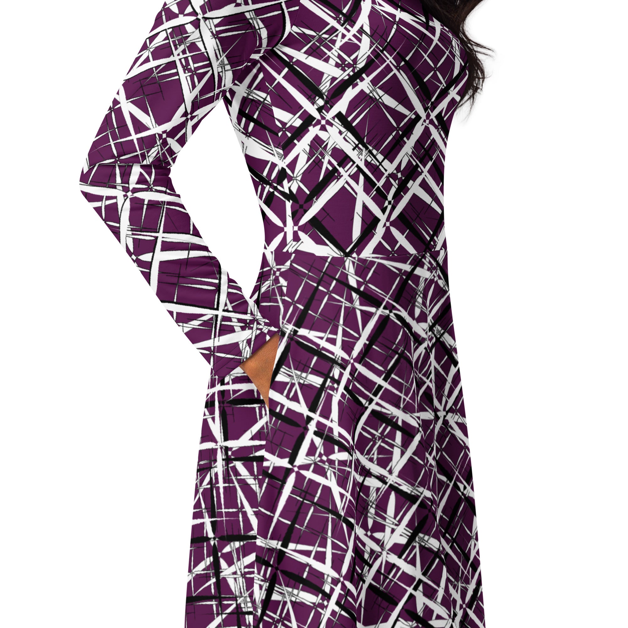 APPARELHUE long-sleeve midi dress in dark purple, showcasing a unique contrast white geometric cross-hatch pattern.