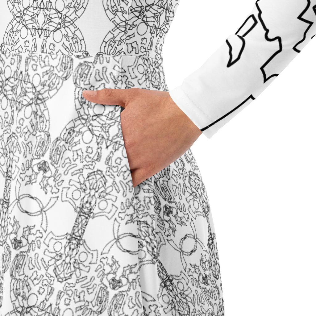 Full-length front view of the APPARELHUE all-over print white long-sleeve midi dress with a crew neck.