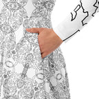 Full-length front view of the APPARELHUE all-over print white long-sleeve midi dress with a crew neck.