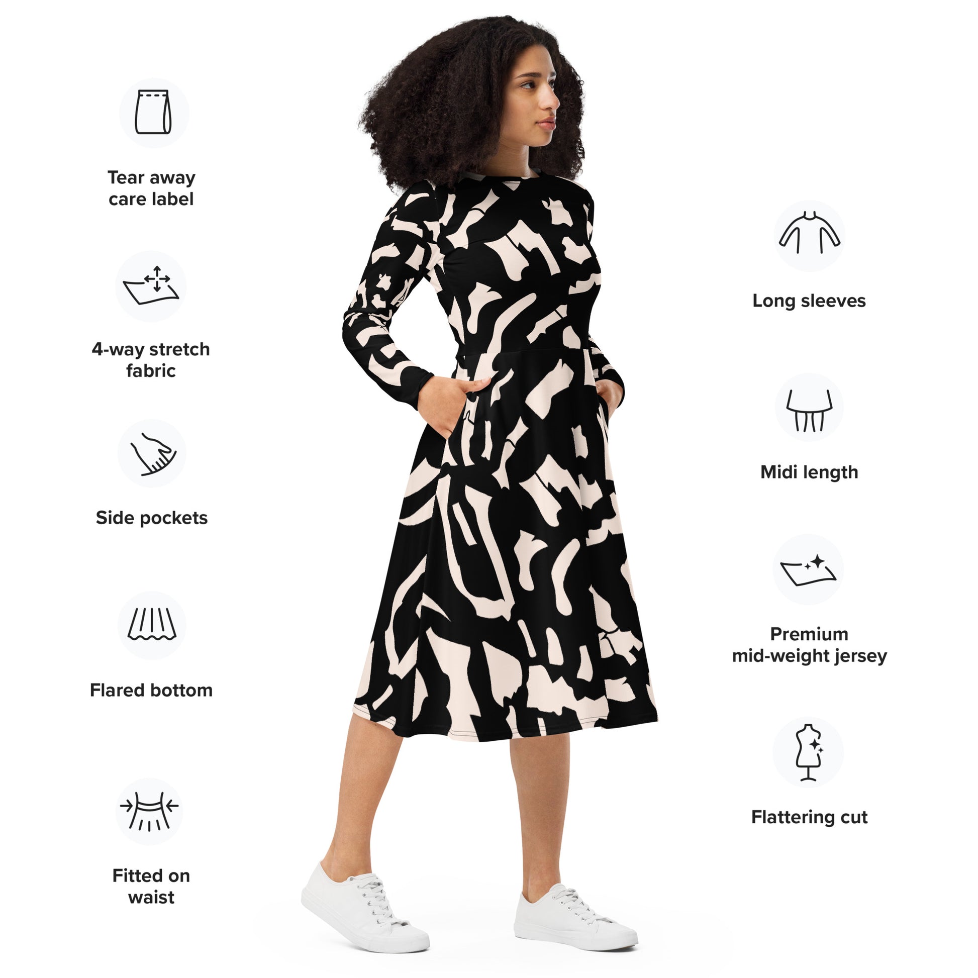 Black Printed Dress Popular All-Over Print Long Sleeve Midi Dress - Apparelhue