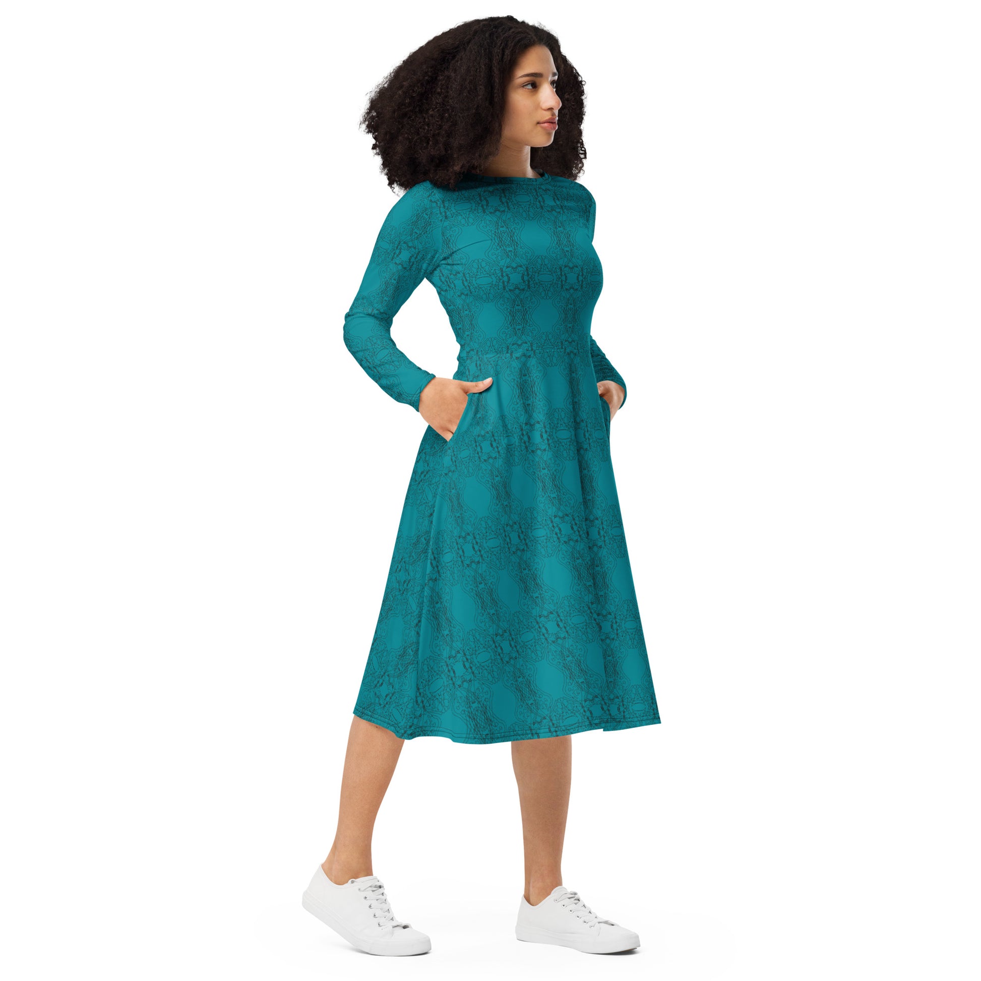 Trendy Beautiful Dress All-Over print Long Sleeve Midi Dress - Apparelhue