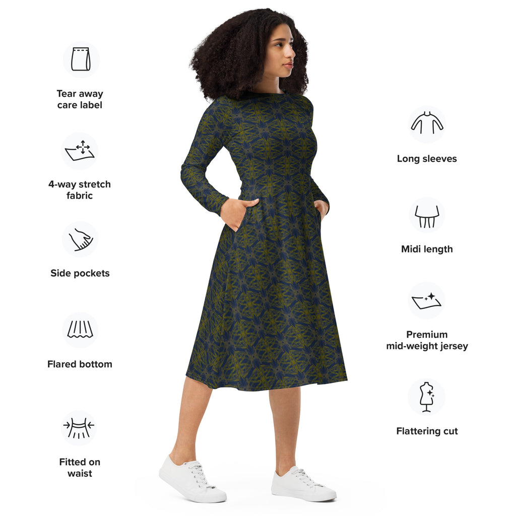 Abstract Art Print Midi Dress paired with black ankle boots.