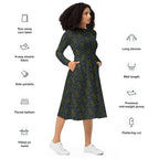 Abstract Art Print Midi Dress paired with black ankle boots.