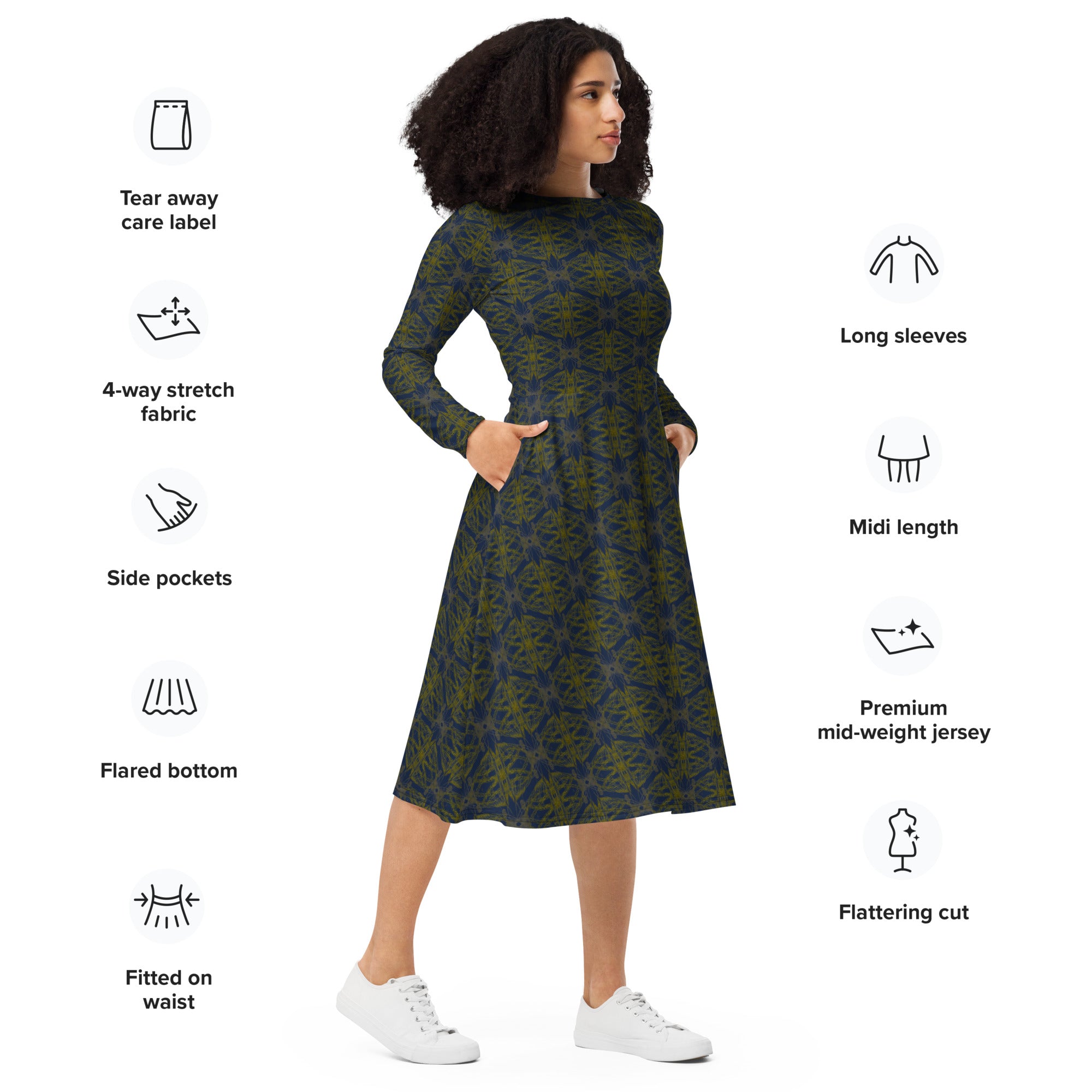Abstract Art Print Midi Dress paired with black ankle boots.