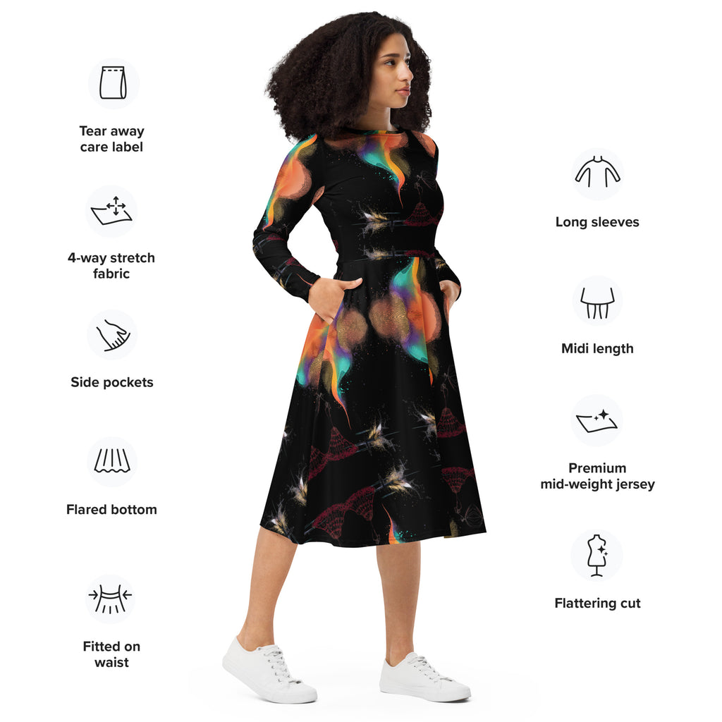 colourful abstract midi dress walking motion urban style