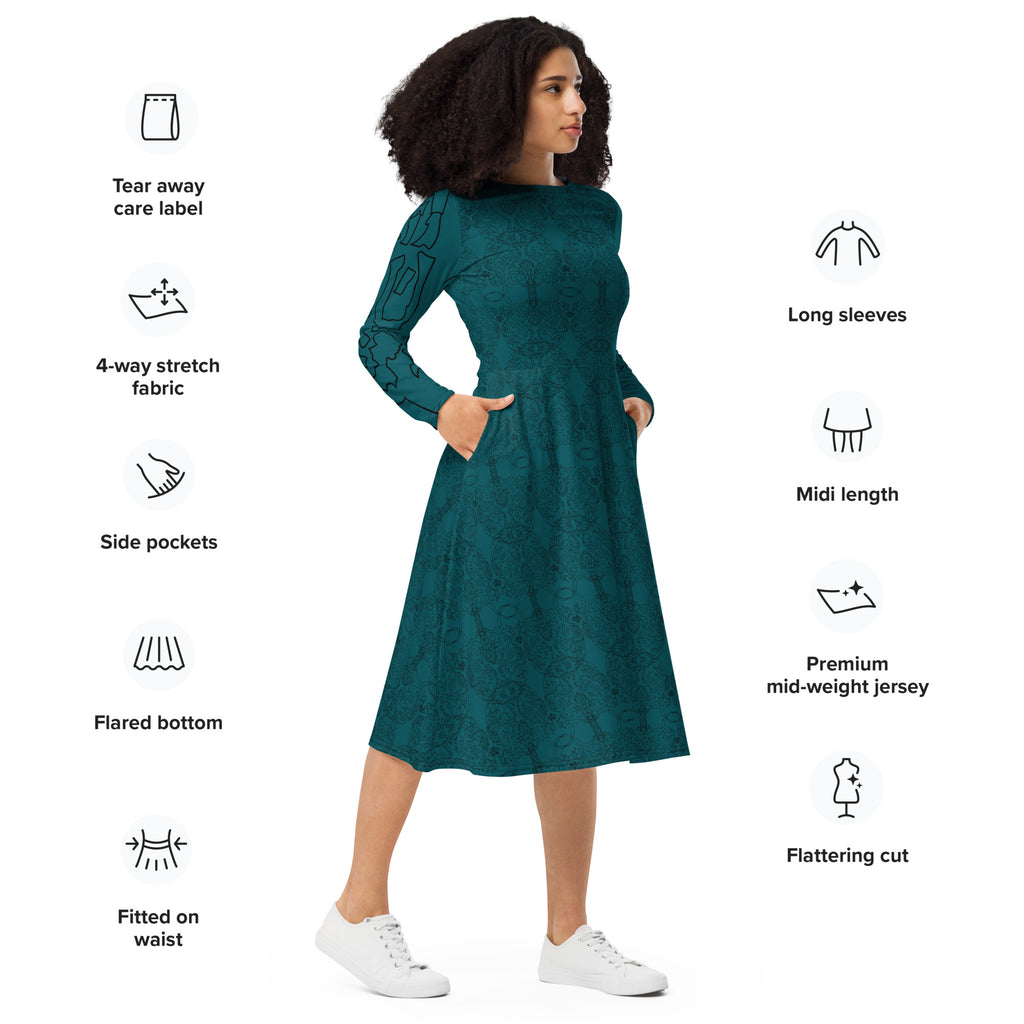 Modern women's long sleeve dress with elegant artistic detailing
