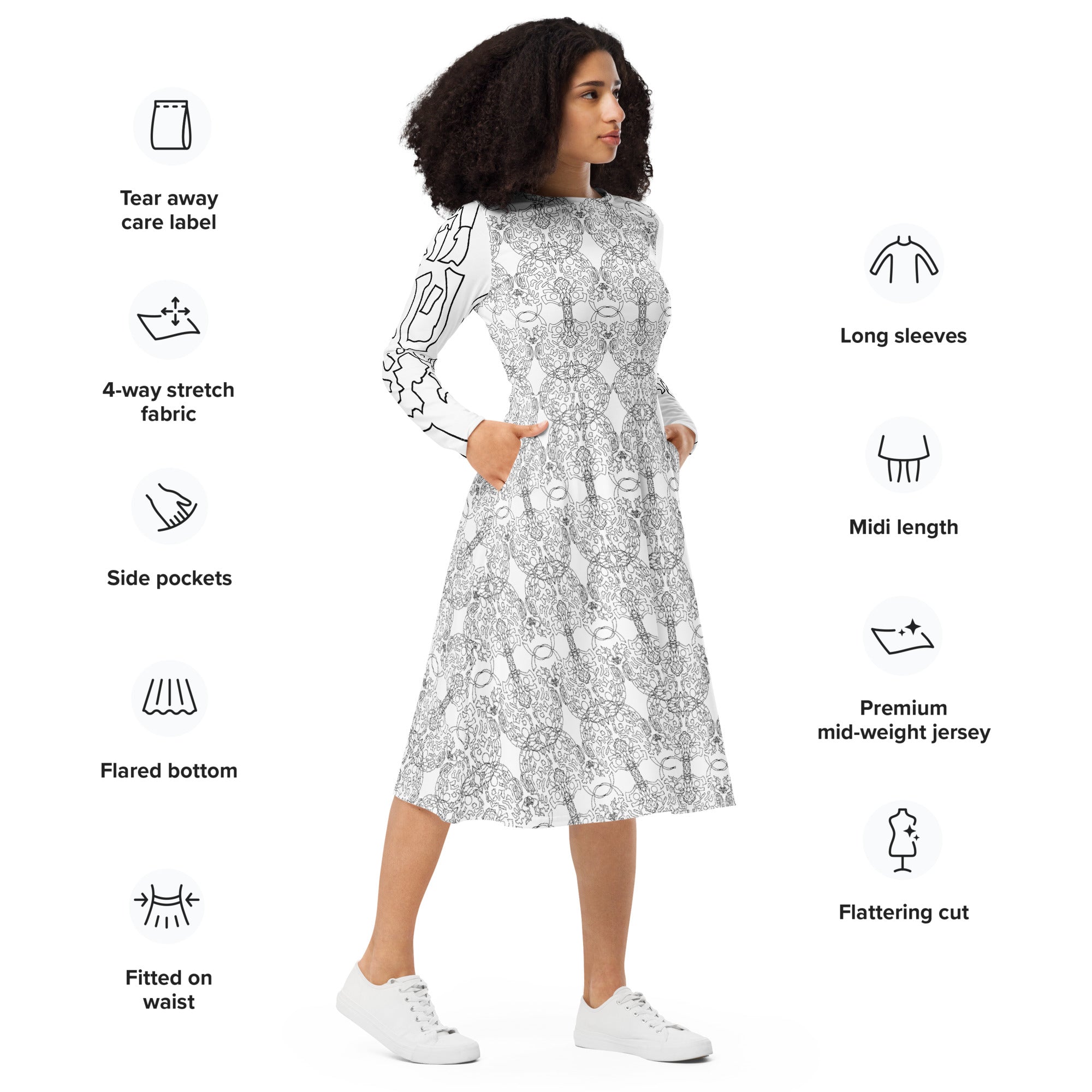 A-line long-sleeve midi dress from APPARELHUE with an all-over grey design and abstract sleeve art.
