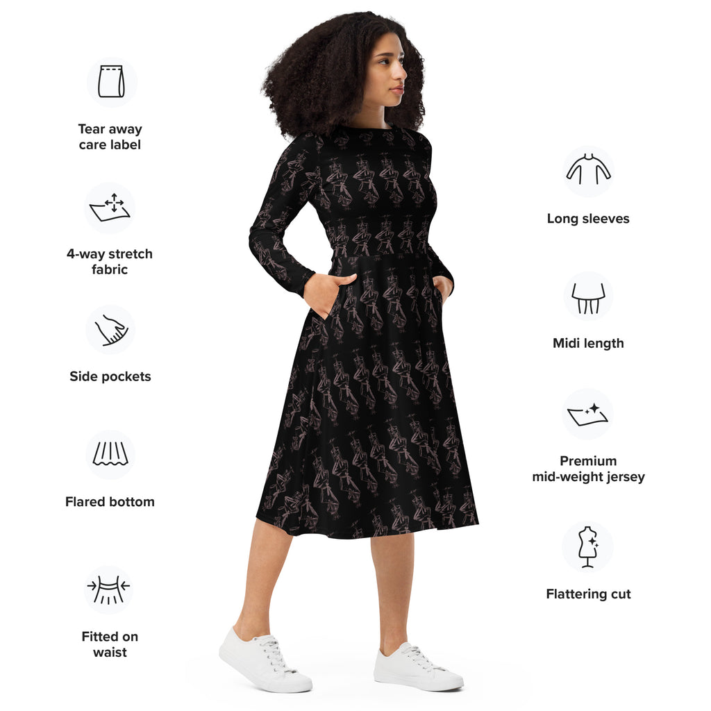 Woman wearing a black dress with text detailing dress features on a white background