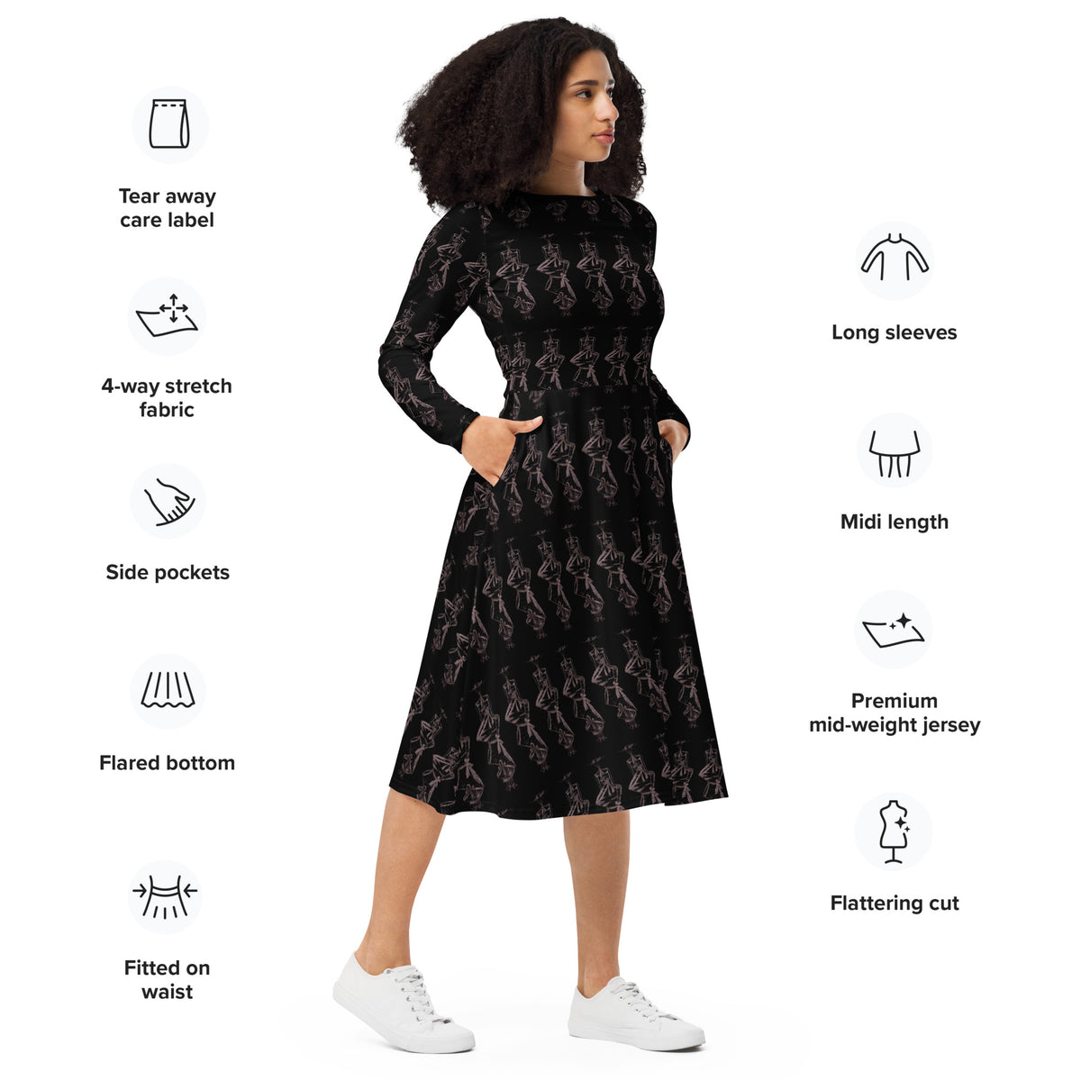 Woman wearing a black dress with text detailing dress features on a white background