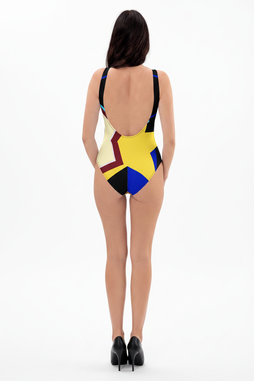Woman wearing a colorful geometric-patterned swimsuit on a white background