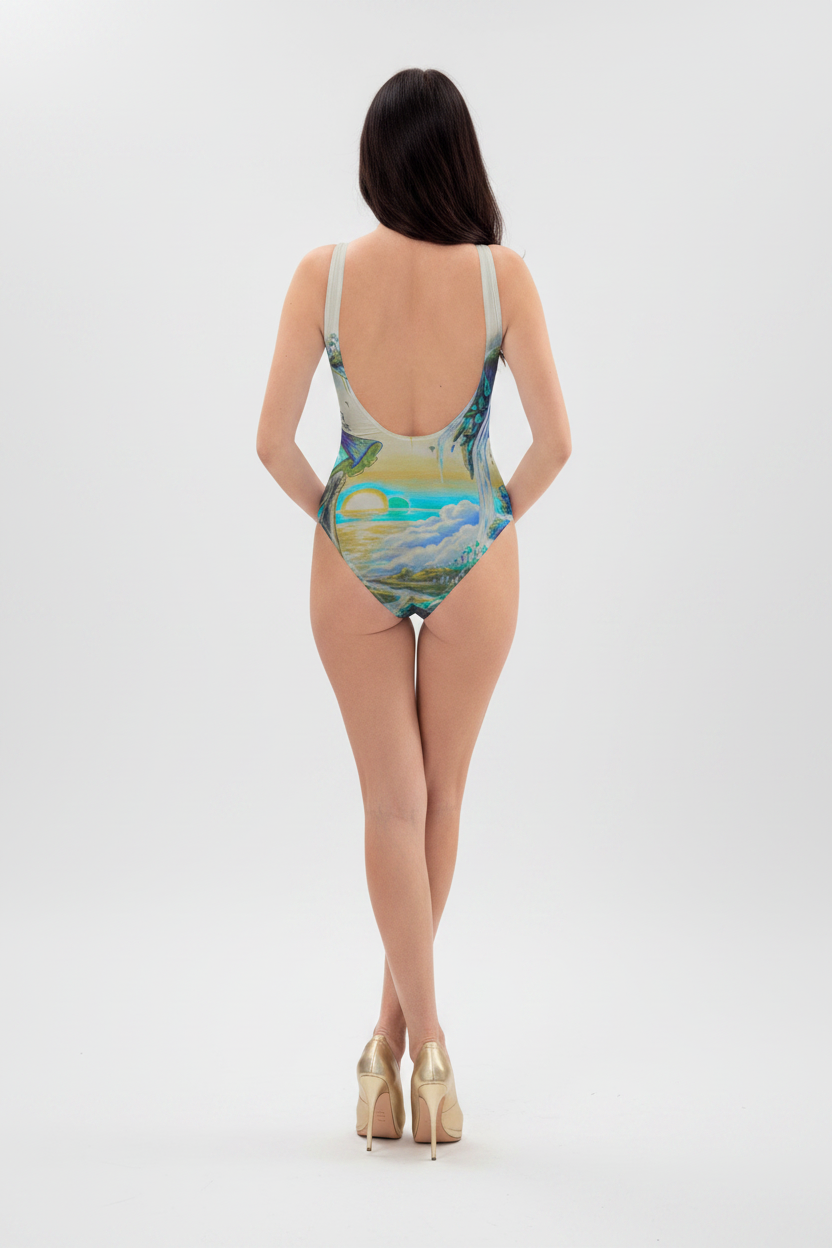 Woman wearing a swimsuit with a scenic design on a white background