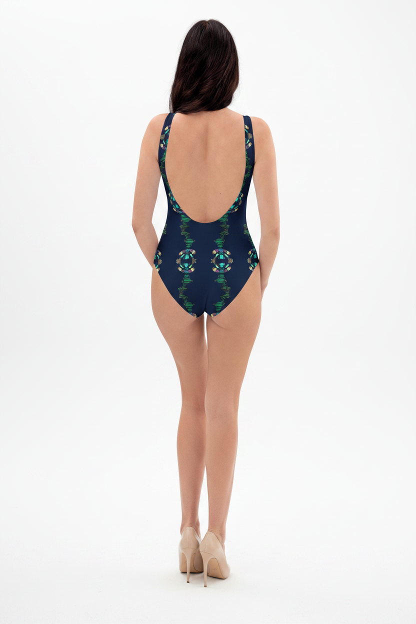 Woman wearing a dark green swimsuit with floral patterns on a white background