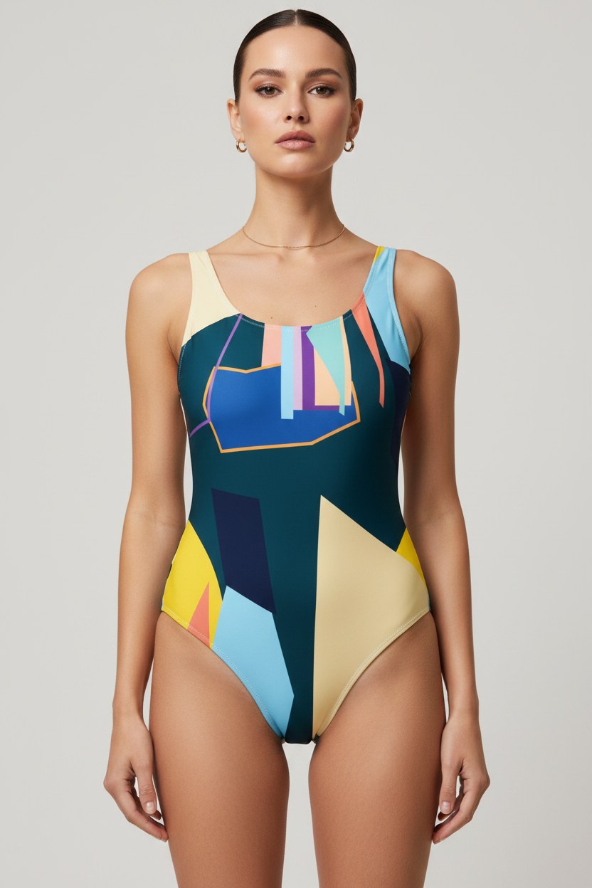 Multicolored geometric patterned swimsuit on a plain background