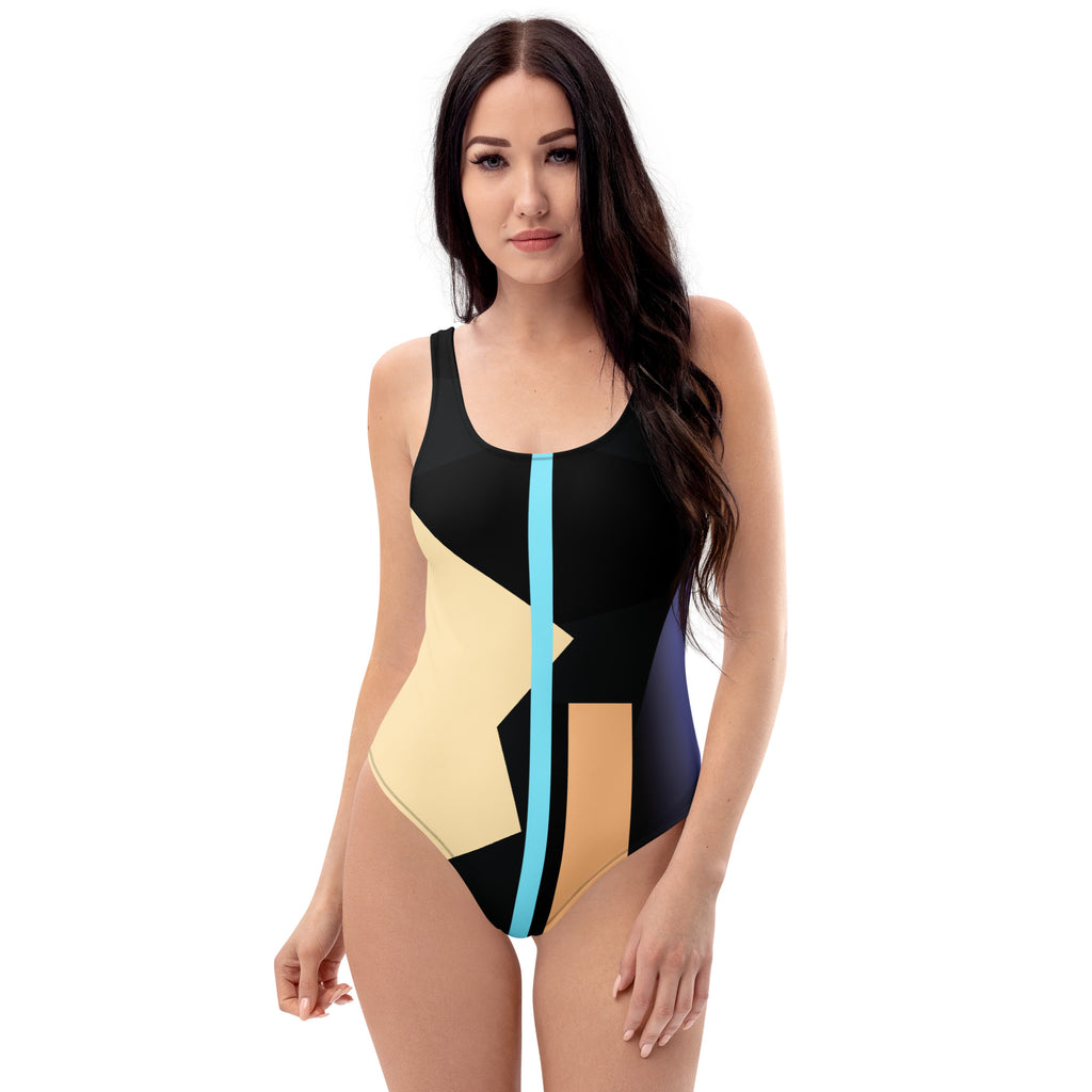 Front view of abstract geometric one-piece swimsuit in black, beige, and blue.