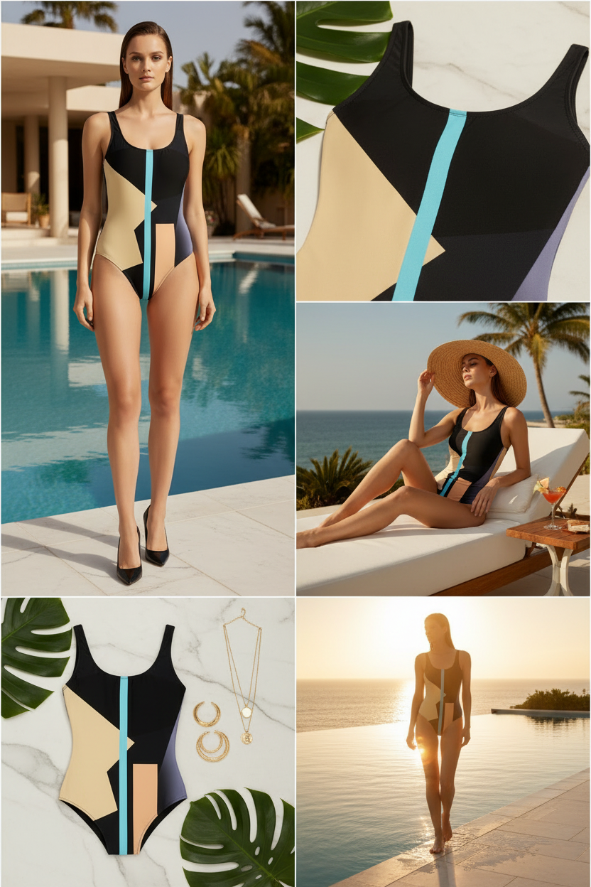 A four-panel collage showcasing a geometric color-block swimsuit. The top-left panel shows a model wearing the one-piece swimsuit by a swimming pool.