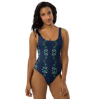 Stylish black swimsuit with gemstone-inspired artwork
