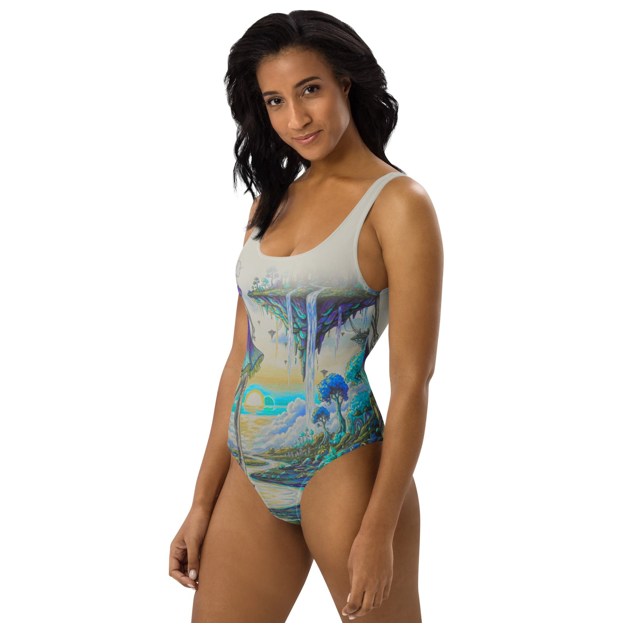 Modern artistic swimsuit with fantasy landscape artwork