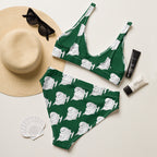Stylish two-piece swimwear set with a unique, fun ghost motif on green.