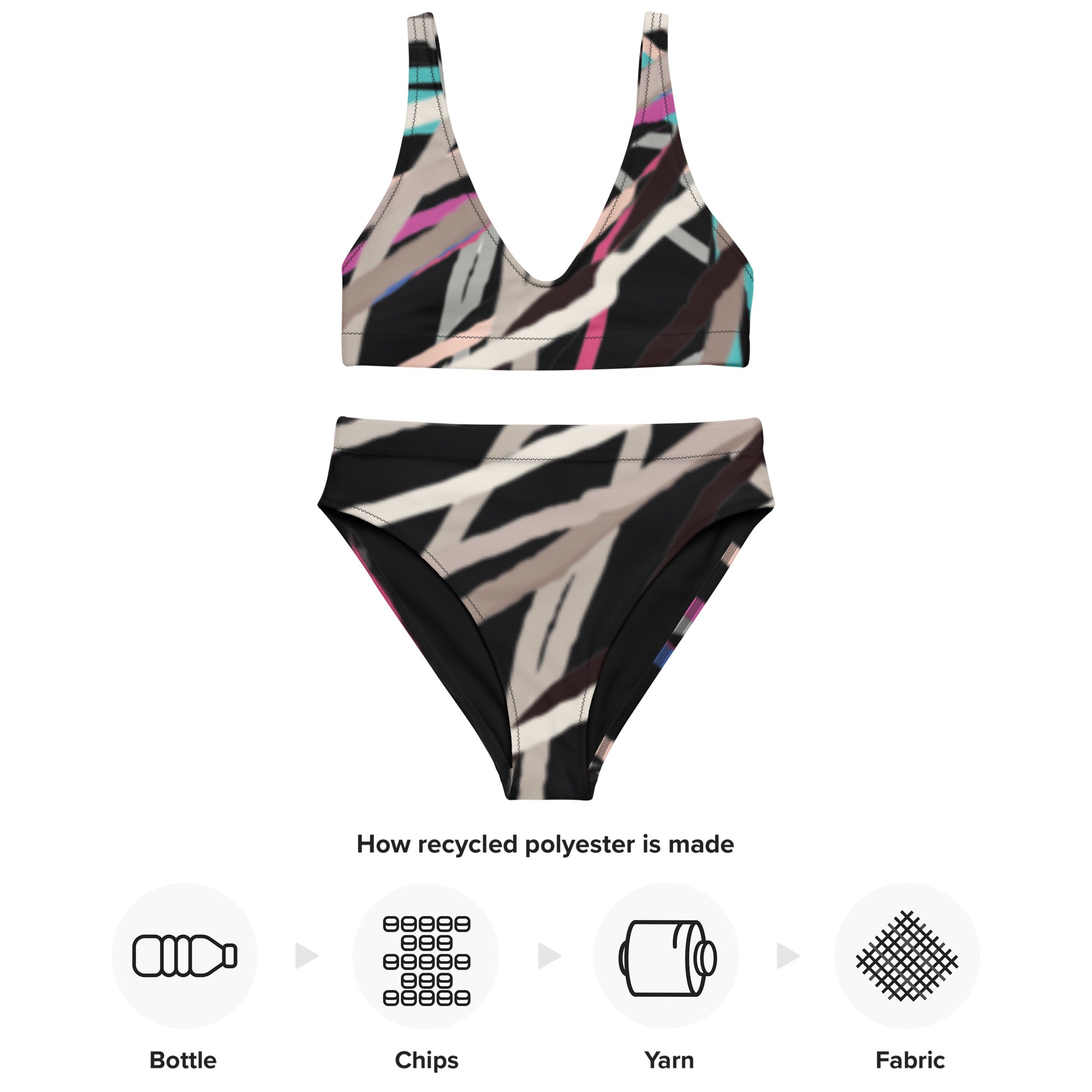 Detailed view of the fabric and print on the two-piece swimsuit.